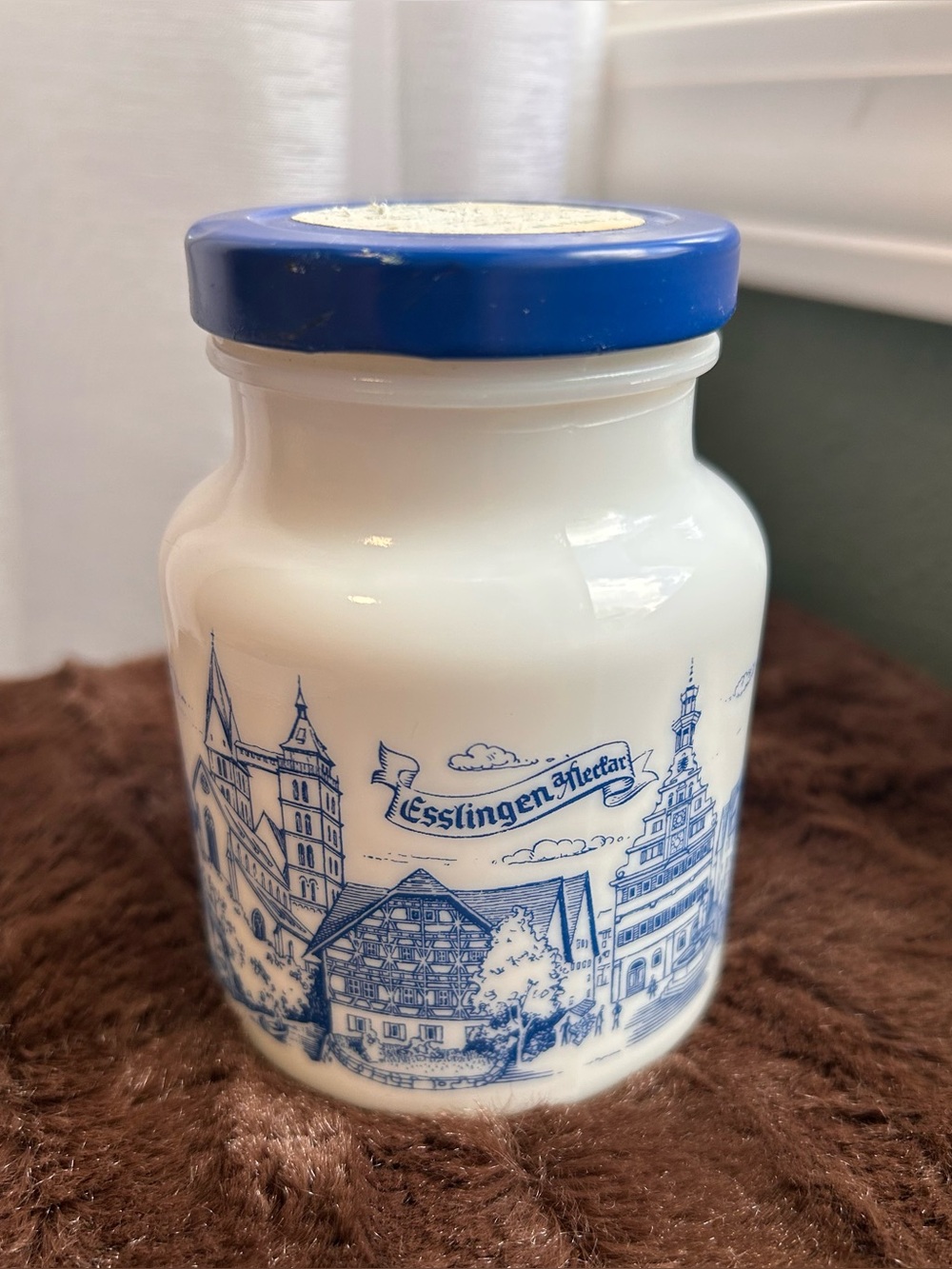 vintage Hengstenberg German mustard milk glass jar featuring a blue & white